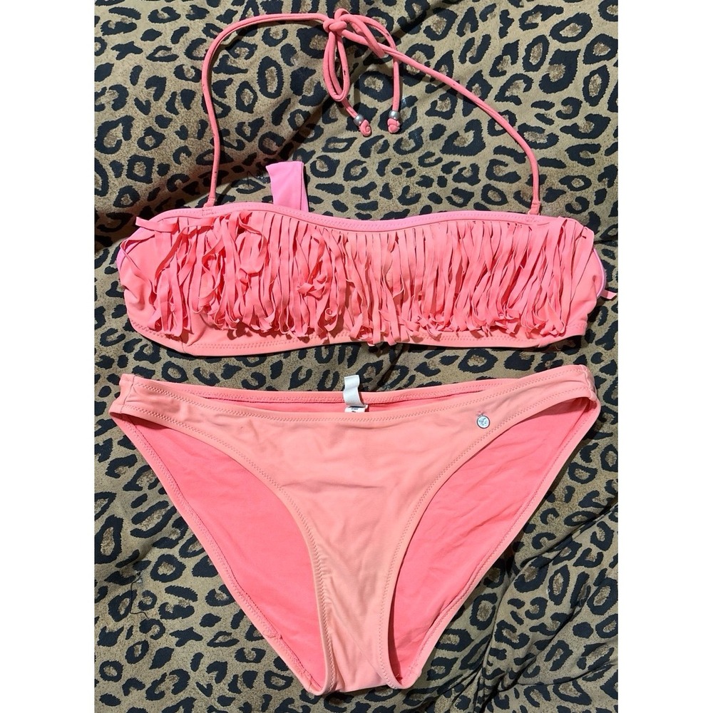 American Eagle Neon Orange Fringe Top Bikini 2pc Swimsuit, Size Medium